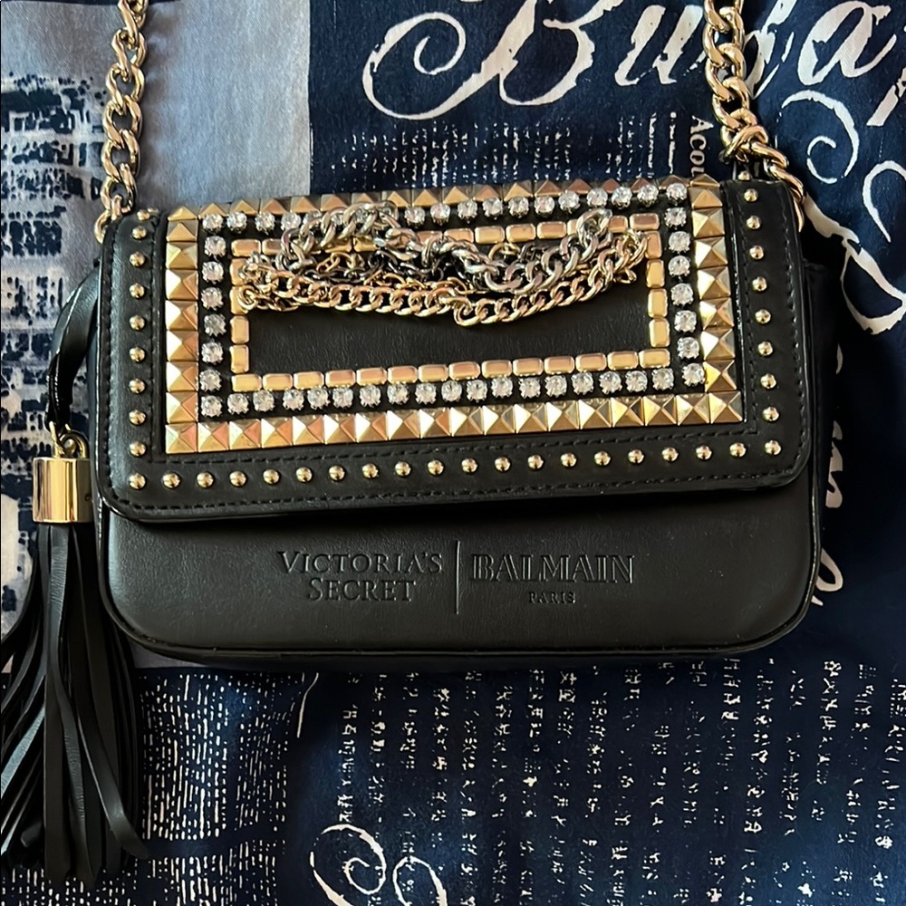 Victoria's Secret X Balmain Black Crossbody Bag with Gold Embellishments